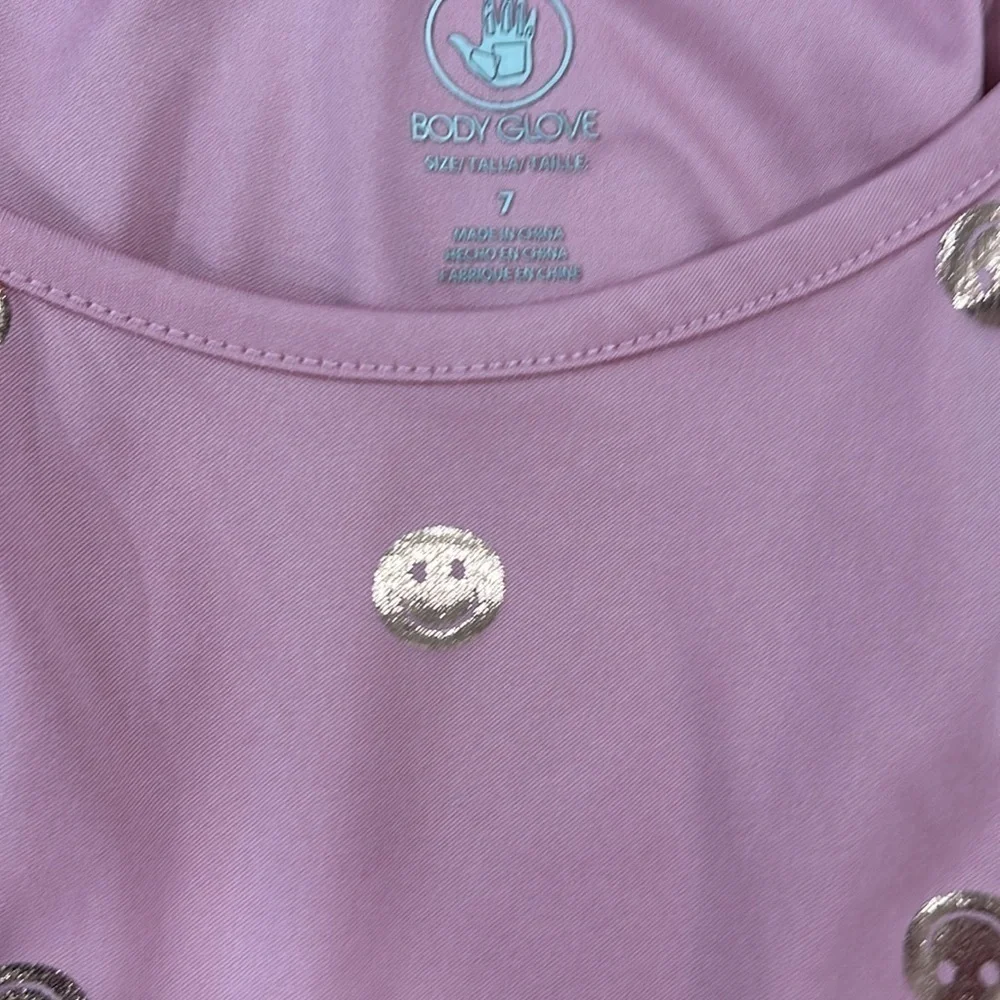 Body glove romper smiley face pink with gold smiles. Size 7 Sleeveless
